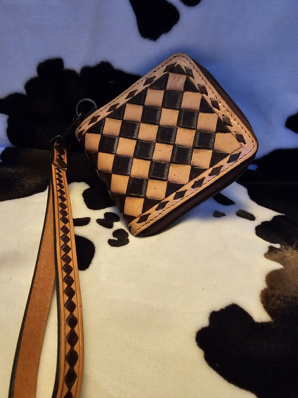 Handcrafted Woven Leather Zip Wallet - Tan & Dark Brown